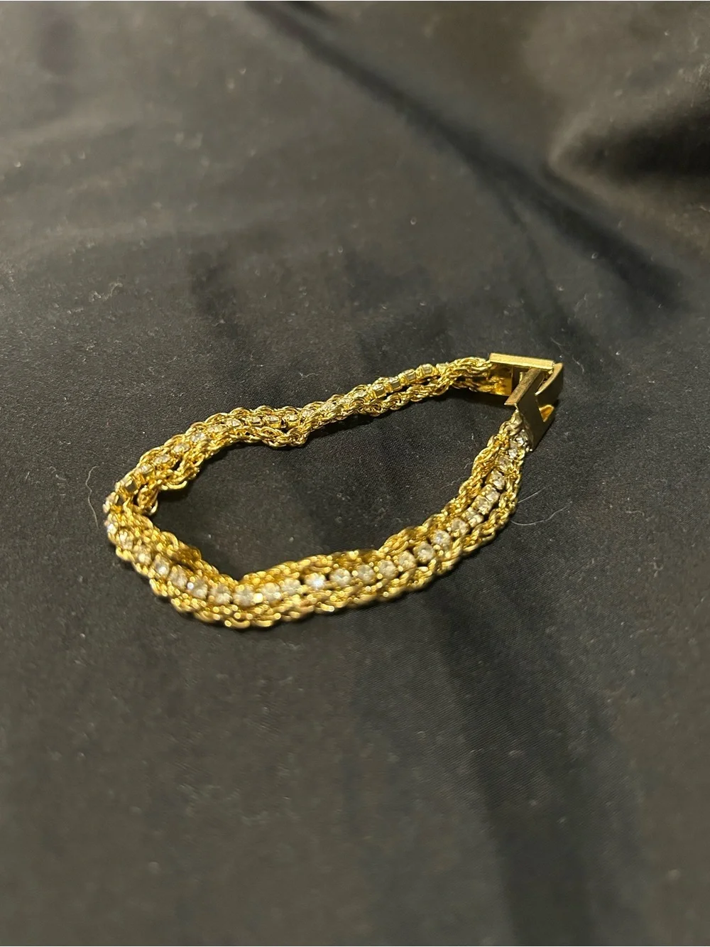 Elegant Vintage Gold-Tone Braided Chain Bracelet with Crystal Row